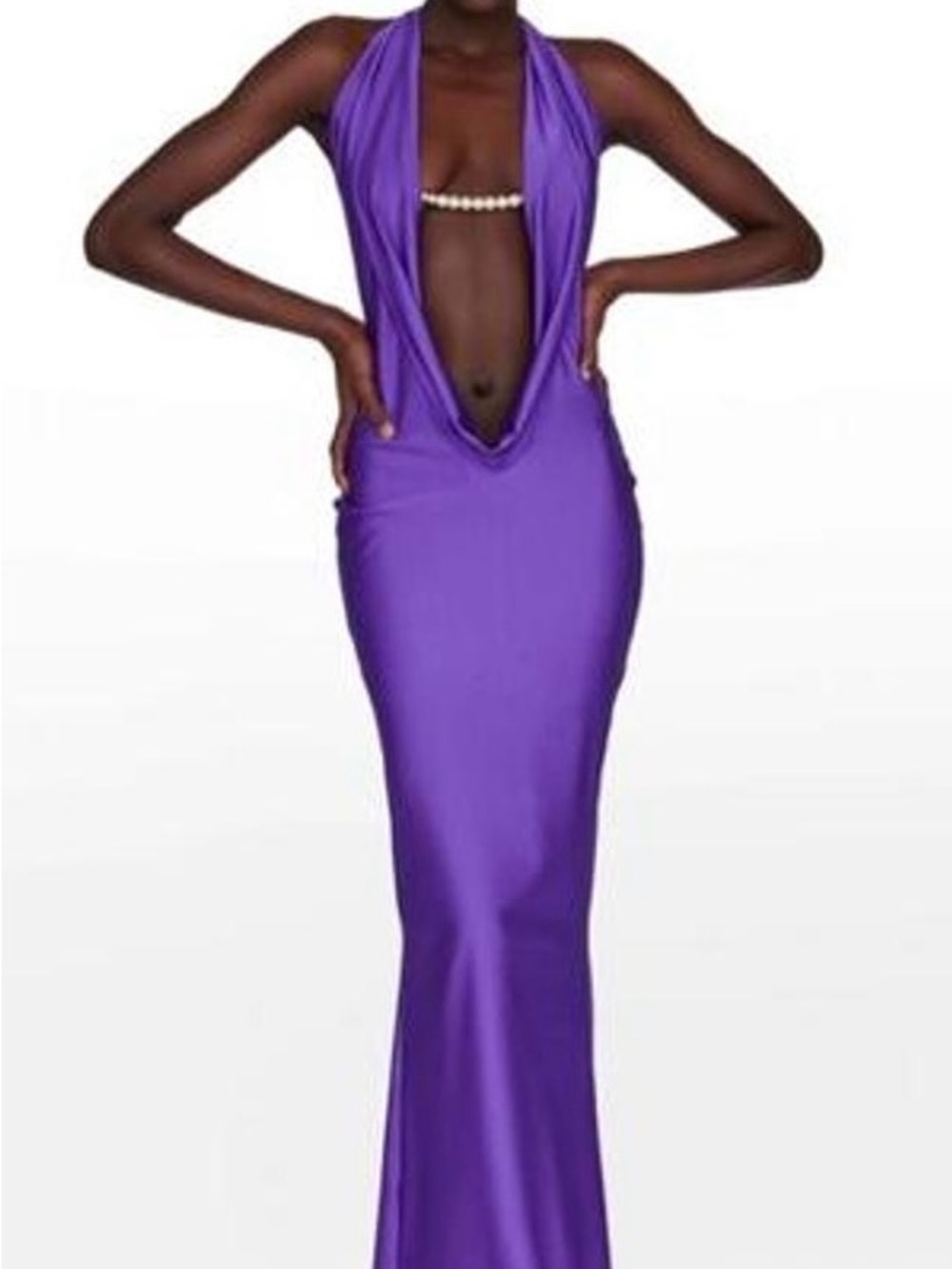Elegant Purple Backless Cowl Halter Dress with Pearl Accent